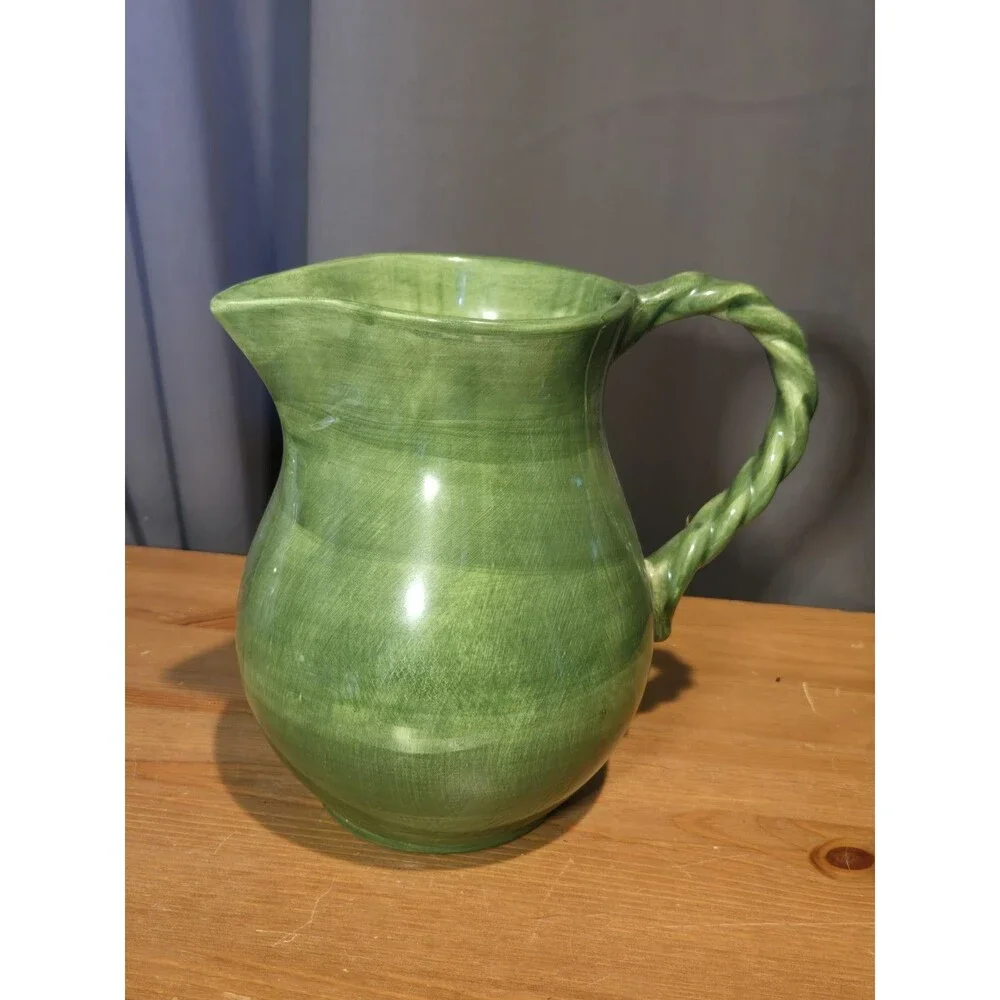 Italian Pottery Hand-painted Green Pitcher With Twisted Handle